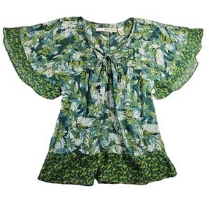 DKNY Womens Sz M Green Floral Y2k Mix Print‎ Babydoll Flowy Fairycore Blouse